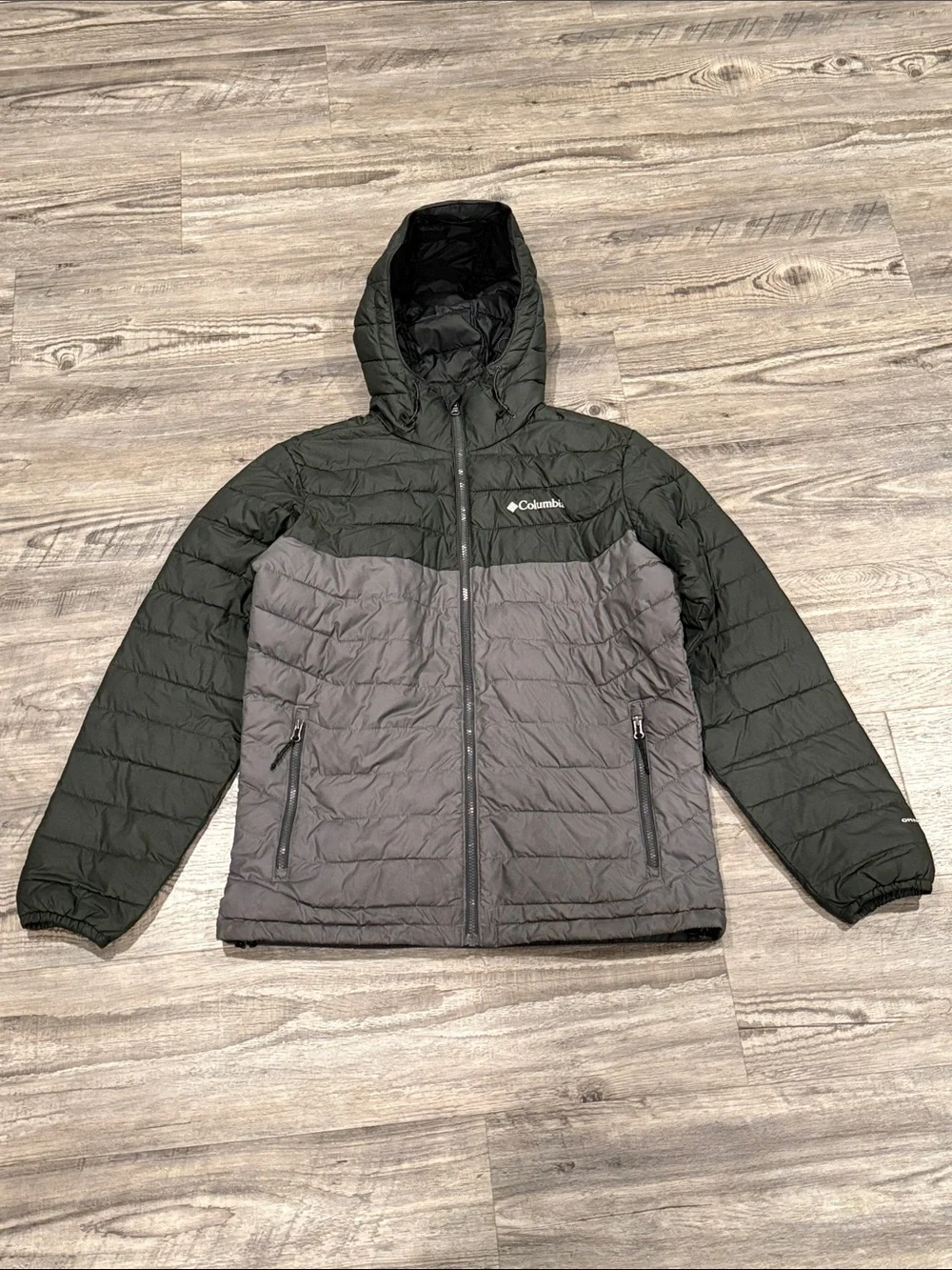 Columbia Omni-Heat Hooded Puffer Jacket Men's Size Medium Black Gray Full Zip
